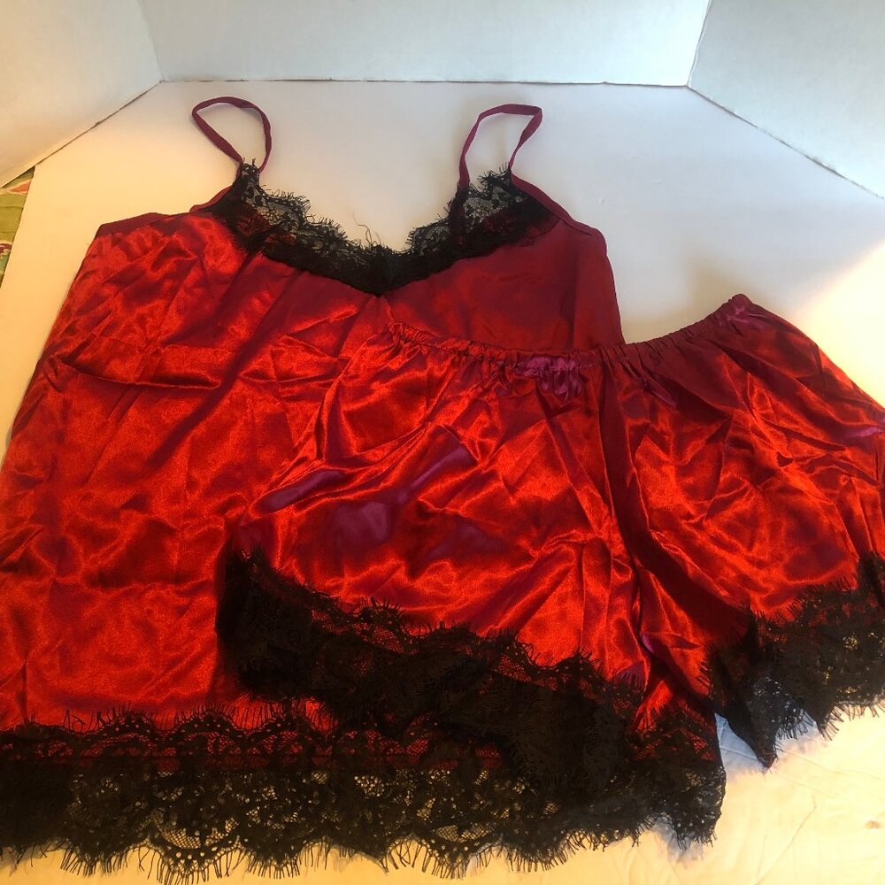 Red & Black Shorts Babydoll PJ Set Adjustable Straps Lace Medium NWOT Sleepwear